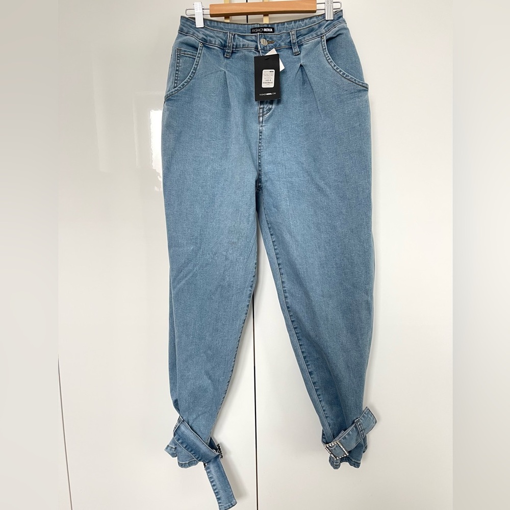 Fashion Nova  high-waist balloon jeans with ankle tie